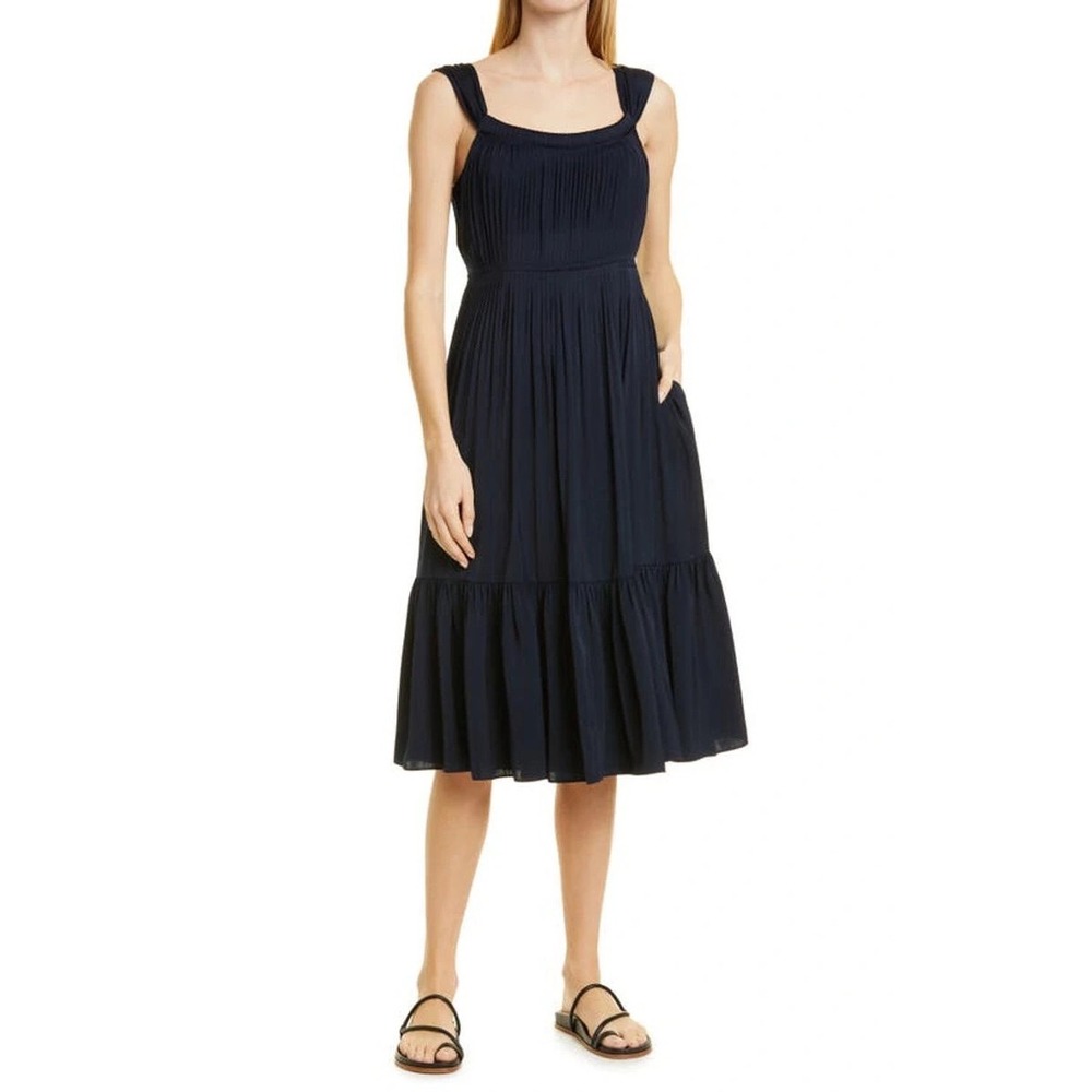 Kobi Halperin Sasha Pleated Satin Midi Dress Sz XXL Navy Blue Tiered‎ Ruffle